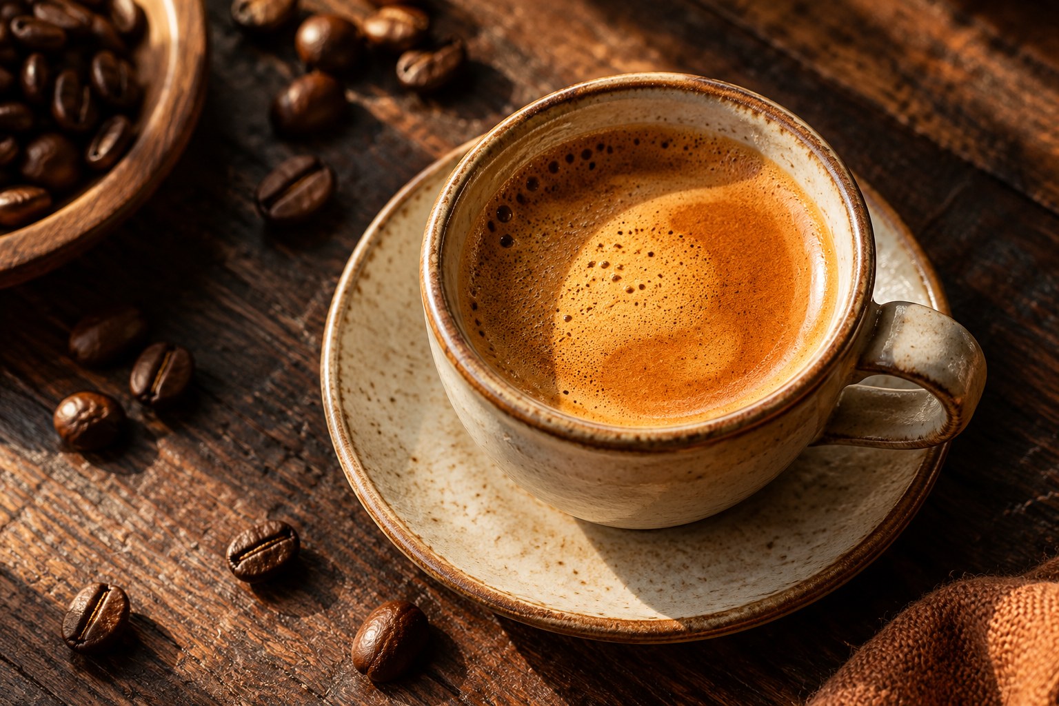 Fresh espresso in a ceramic cup, with roasted coffee beans on a wooden table